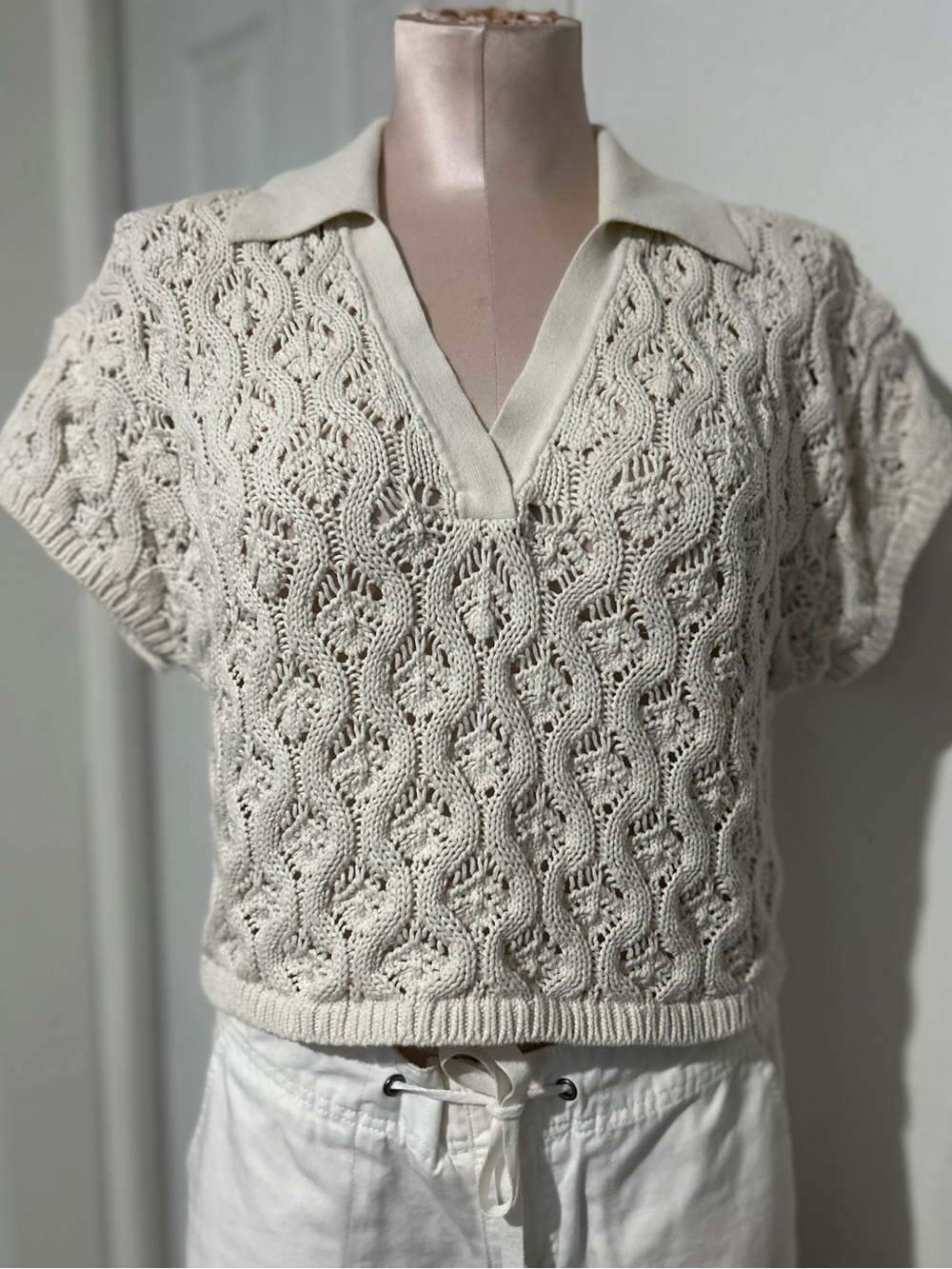 Express Cream Openwork Knit Polo Top size S